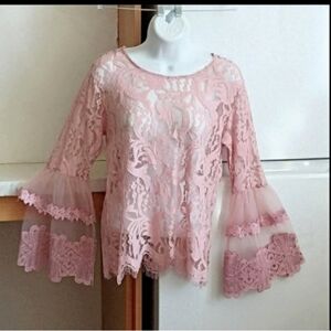 Say What? Brll Sleeve Lace Top Blouse sz M